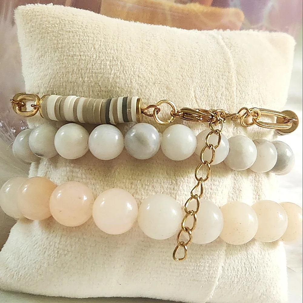 NWT Ryze Natural Stone Peach Aventurine & Geode Stack Bracelets - Set of 3 - Picture 5 of 7